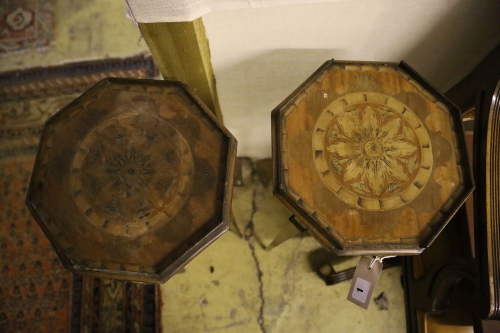 A pair of Sheraton design inlaid octagonal urn stands, width 30cm, height 80cm